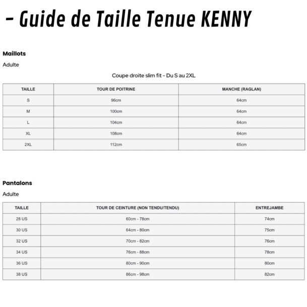 Guide de Taille Tenue de moto Kenny