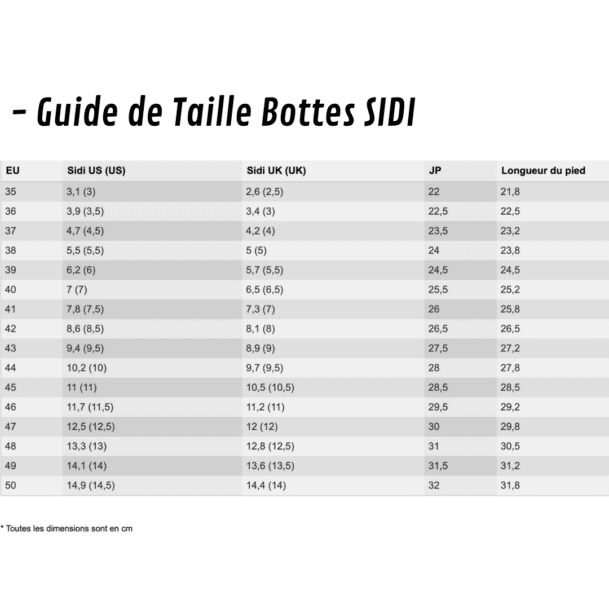 Guide de taille Bottes de moto Sidi