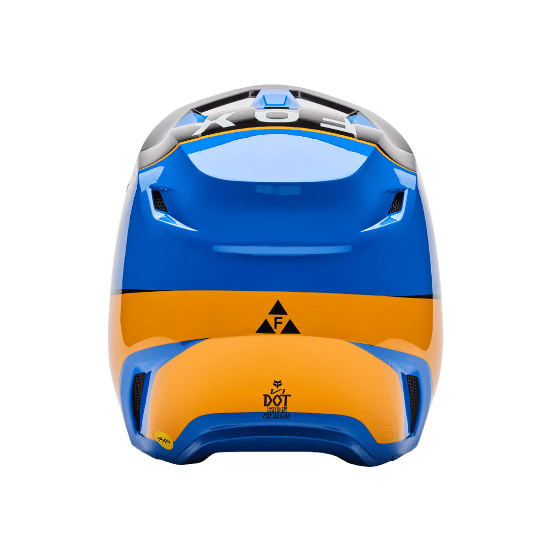 arrière casque fox V1 jaune et bleu